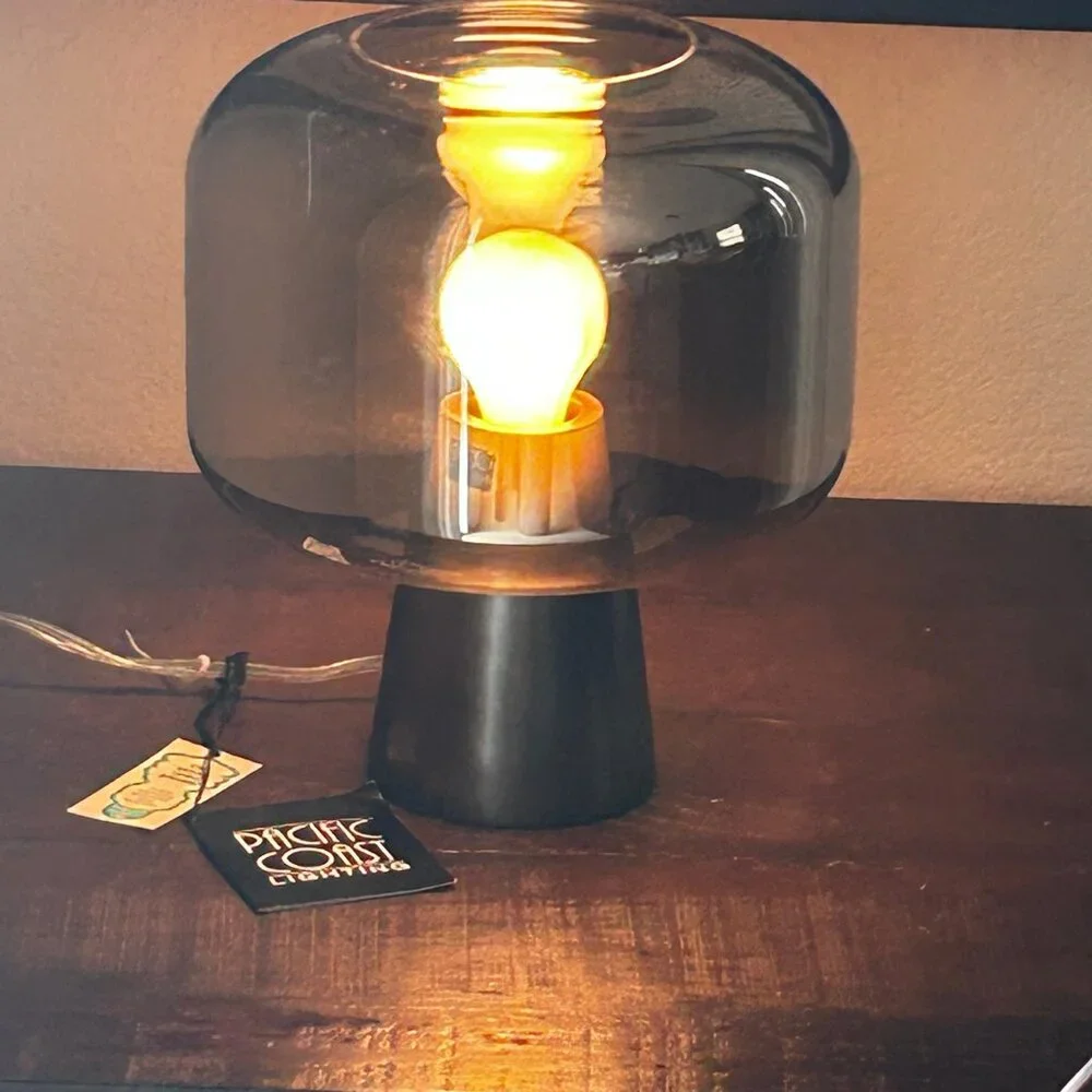 NWT Dusk Dawn Smoked Glass Drum Table Lamp Nordic Style